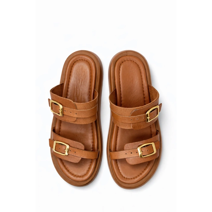 Andi Kadın Hakiki Deri Ayarlanabilir Bantlı Düz Günlük Konforlu Terlik