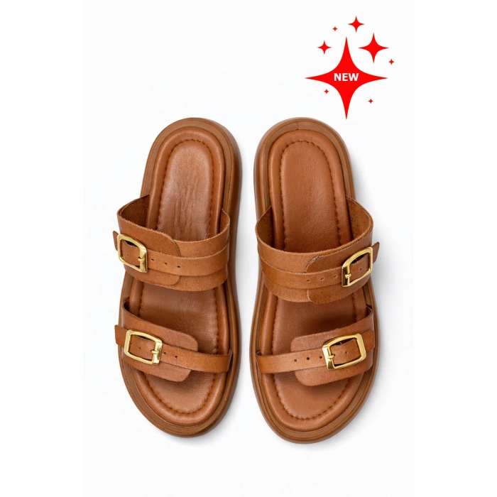 Andi Kadın Hakiki Deri Ayarlanabilir Bantlı Düz Günlük Konforlu Terlik