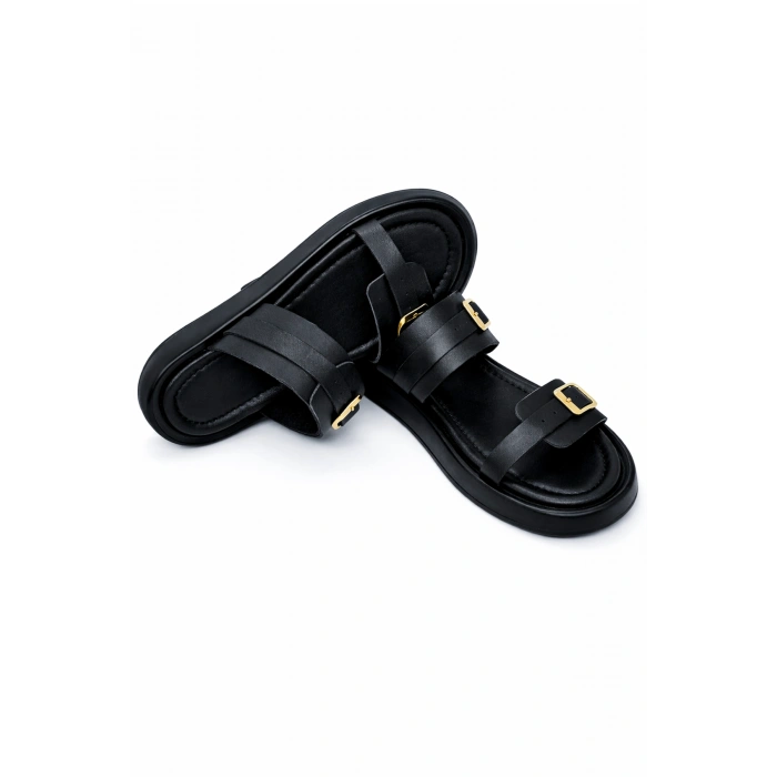 Andi Kadın Hakiki Deri Ayarlanabilir Bantlı Düz Günlük Konforlu Terlik