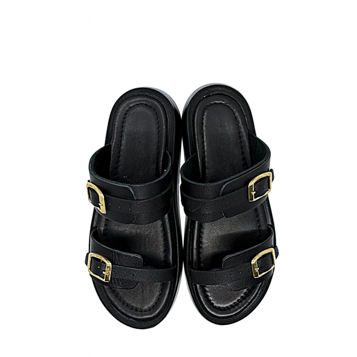 Andi Kadın Hakiki Deri Ayarlanabilir Bantlı Düz Günlük Konforlu Terlik