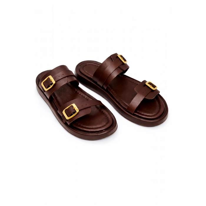 Andi Kadın Hakiki Deri Ayarlanabilir Bantlı Düz Günlük Konforlu Terlik