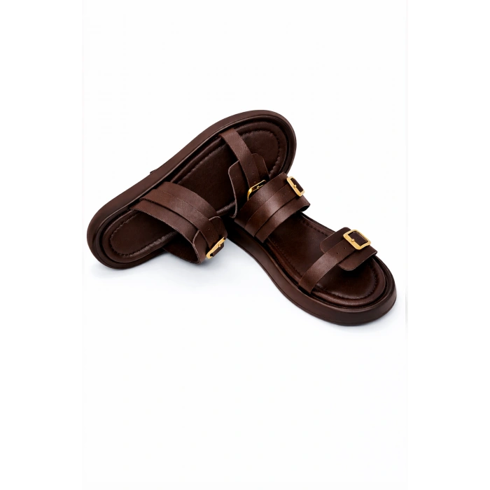 Andi Kadın Hakiki Deri Ayarlanabilir Bantlı Düz Günlük Konforlu Terlik