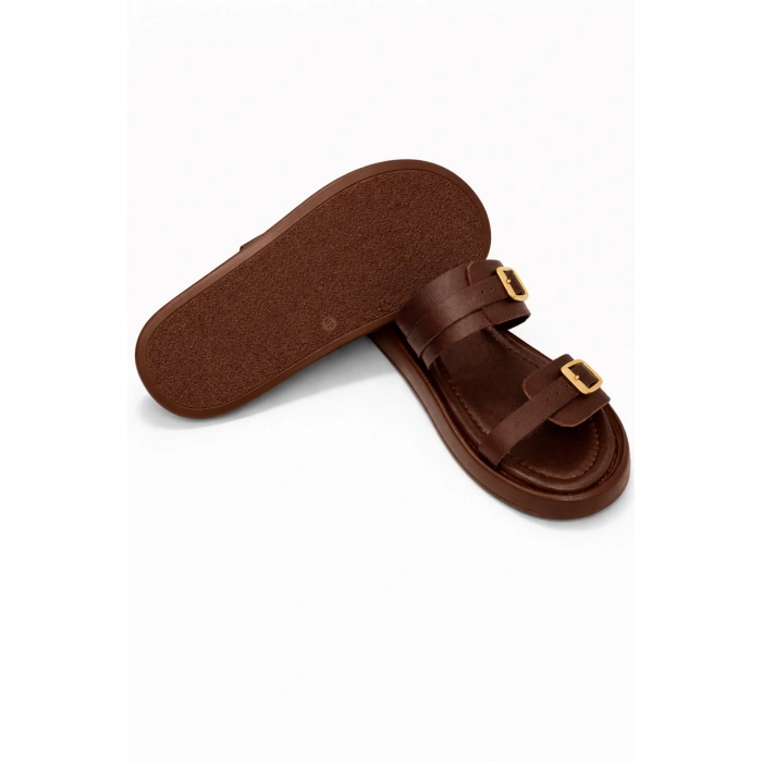 Andi Kadın Hakiki Deri Ayarlanabilir Bantlı Düz Günlük Konforlu Terlik