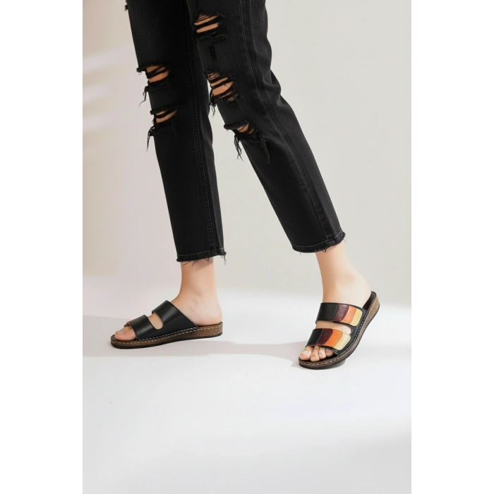 Lily Kadın Hakiki Deri Bohem Tarz Rahat Mantar Taban Renkli Terlik