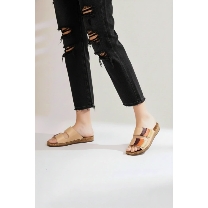 Lily Kadın Hakiki Deri Bohem Tarz Rahat Mantar Taban Renkli Terlik