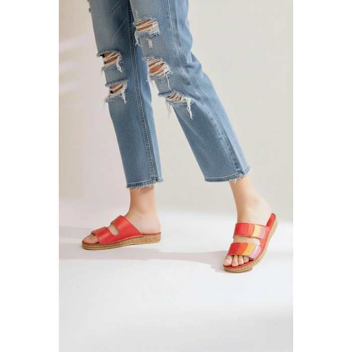 Lily Kadın Hakiki Deri Bohem Tarz Rahat Mantar Taban Renkli Terlik