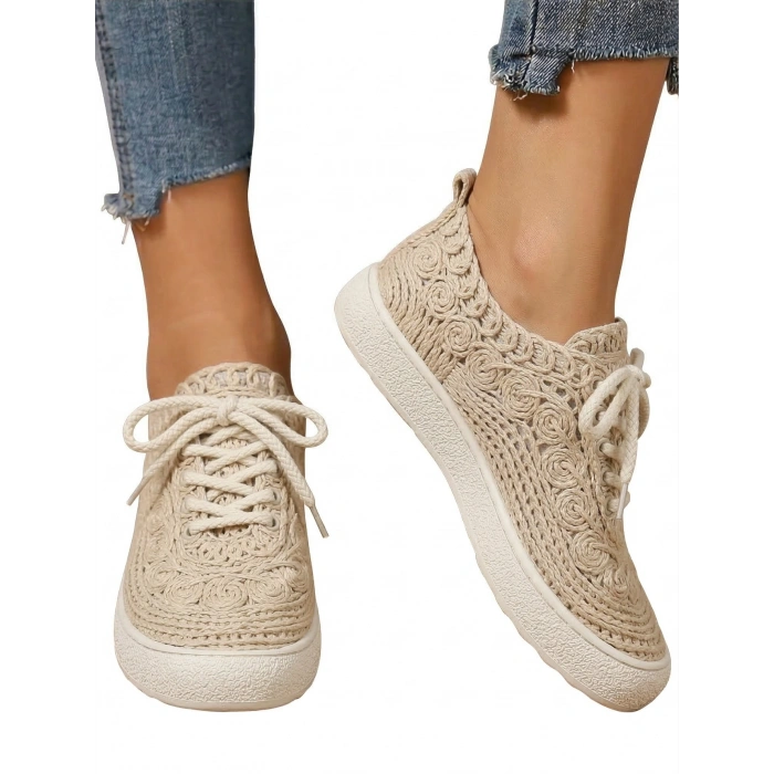 Adara Taba Hasır ve Dantel Örgülü Bağcıklı Rahat Taban Günlük Ayakkabı
