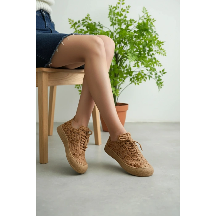 Adara Taba Hasır ve Dantel Örgülü Bağcıklı Rahat Taban Günlük Ayakkabı