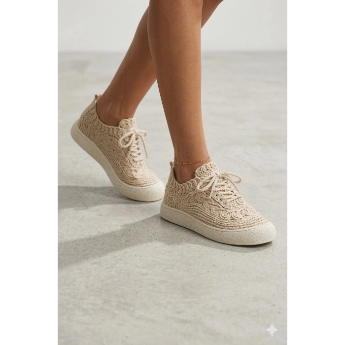 Adara Taba Hasır ve Dantel Örgülü Bağcıklı Rahat Taban Günlük Ayakkabı