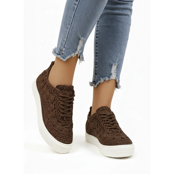 Adara Taba Hasır ve Dantel Örgülü Bağcıklı Rahat Taban Günlük Ayakkabı