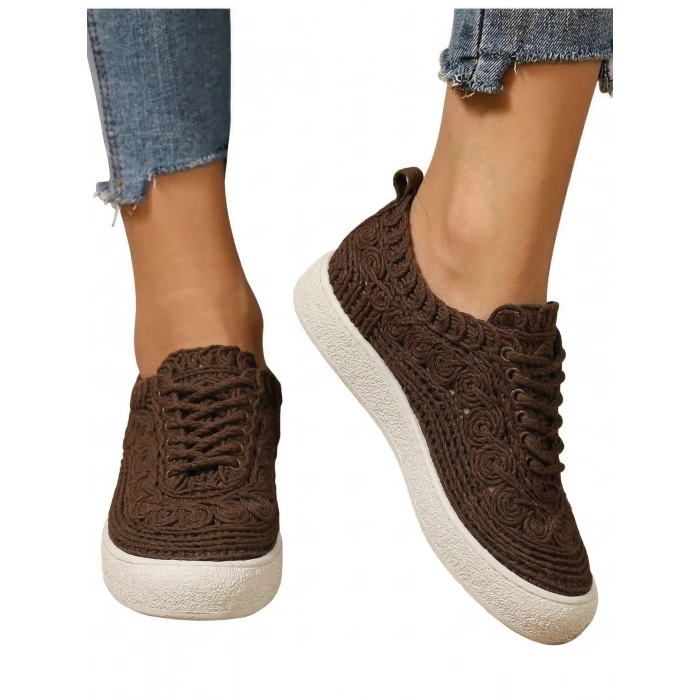 Adara Taba Hasır ve Dantel Örgülü Bağcıklı Rahat Taban Günlük Ayakkabı
