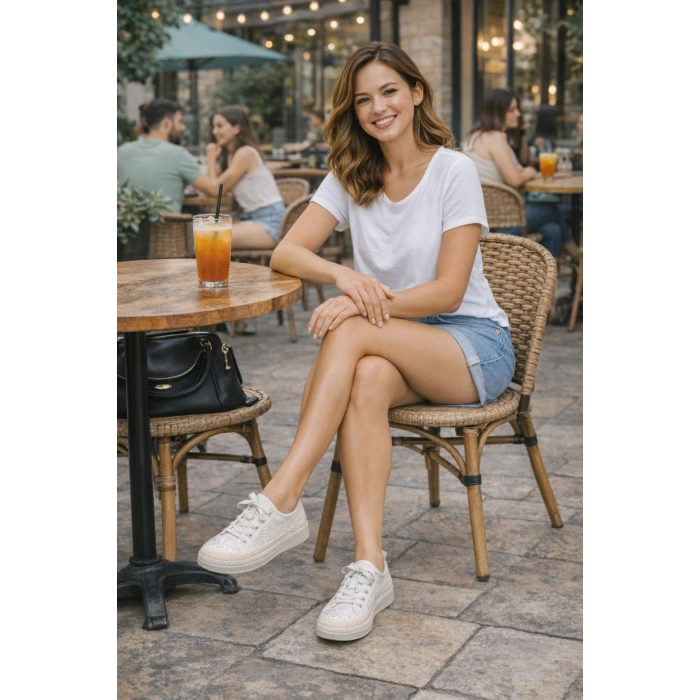 Lacy Beyaz Dantelli Taşlı Rahat Taban Günlük Ayakkabı