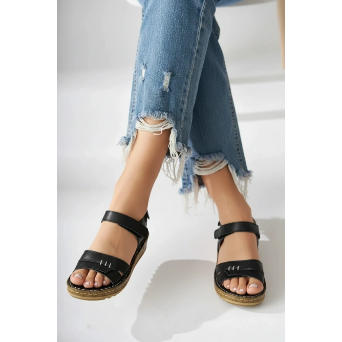 Agna Kadın Hakiki Deri Rahat Mantar Taban Ayarlanabilir Bantlı Sandalet