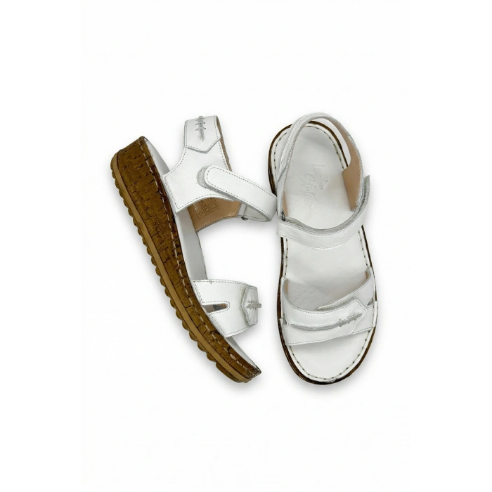 Agna Kadın Hakiki Deri Rahat Mantar Taban Ayarlanabilir Bantlı Sandalet