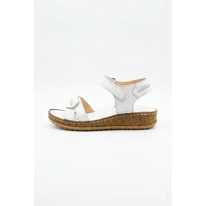 Agna Kadın Hakiki Deri Rahat Mantar Taban Ayarlanabilir Bantlı Sandalet