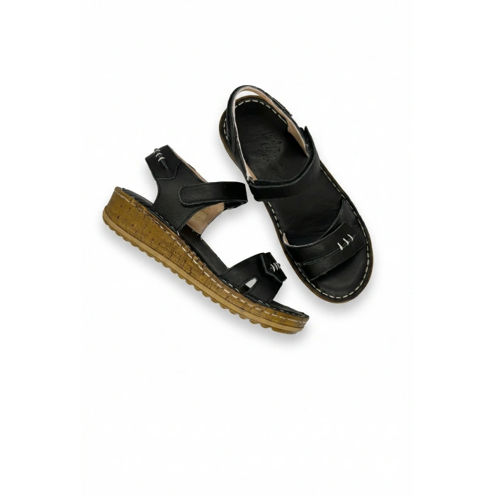 Agna Kadın Hakiki Deri Rahat Mantar Taban Ayarlanabilir Bantlı Sandalet