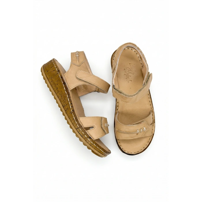 Agna Kadın Hakiki Deri Rahat Mantar Taban Ayarlanabilir Bantlı Sandalet