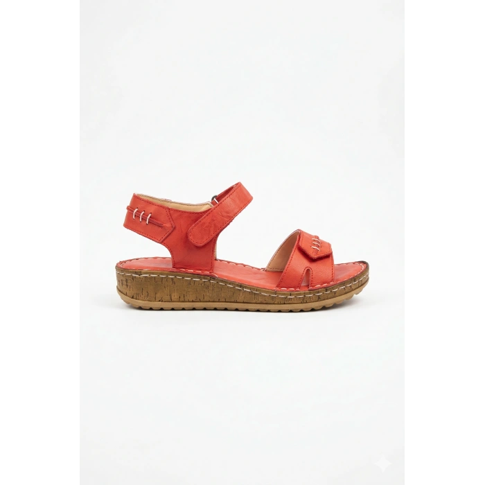 Agna Kadın Hakiki Deri Rahat Mantar Taban Ayarlanabilir Bantlı Sandalet