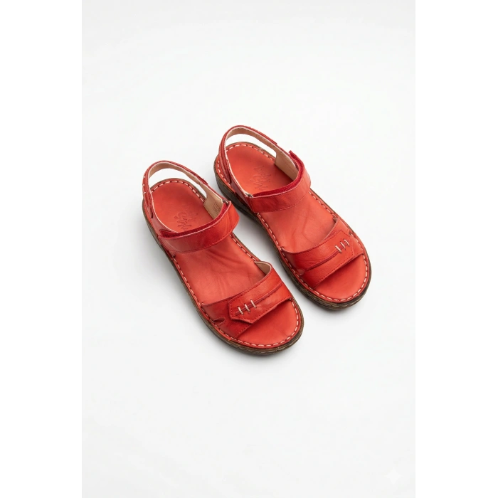 Agna Kadın Hakiki Deri Rahat Mantar Taban Ayarlanabilir Bantlı Sandalet