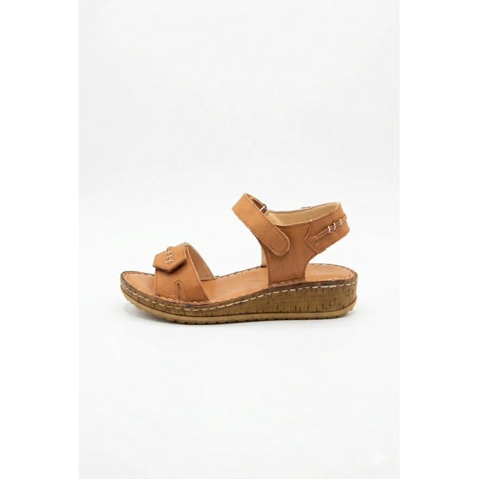 Agna Kadın Hakiki Deri Rahat Mantar Taban Ayarlanabilir Bantlı Sandalet