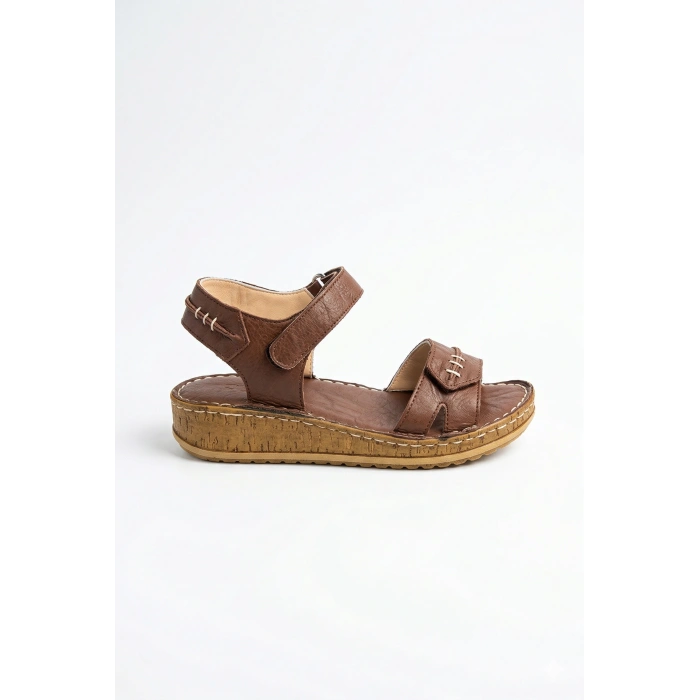 Agna Kadın Hakiki Deri Rahat Mantar Taban Ayarlanabilir Bantlı Sandalet