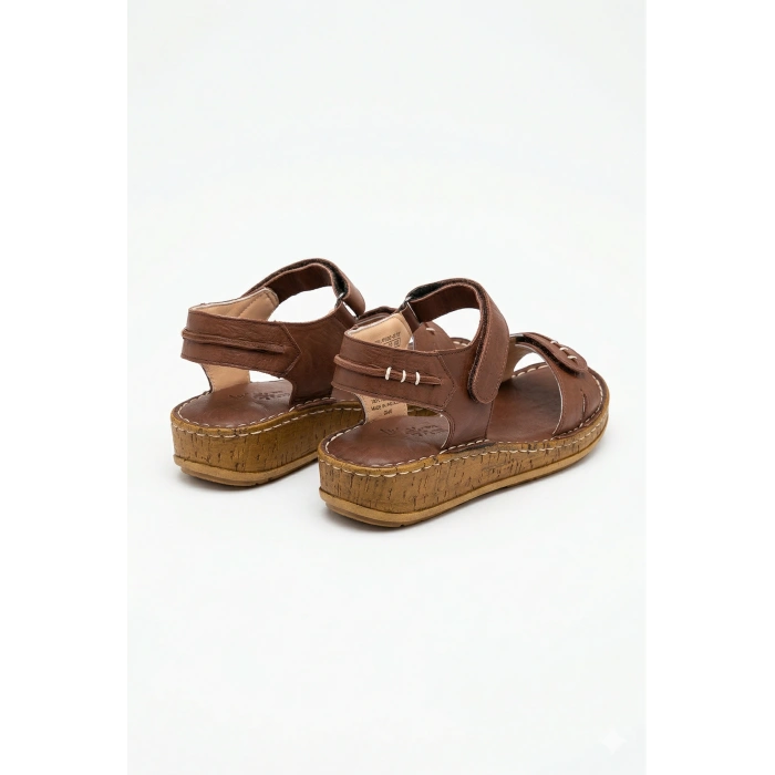 Agna Kadın Hakiki Deri Rahat Mantar Taban Ayarlanabilir Bantlı Sandalet