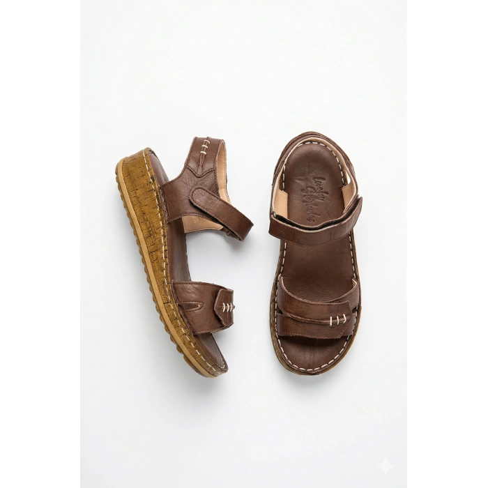 Agna Kadın Hakiki Deri Rahat Mantar Taban Ayarlanabilir Bantlı Sandalet