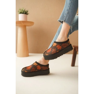 Ev Terliği Botu İçi Tüylü Su Geçirmez Rahat Kalın Taban Yaprak Desenli