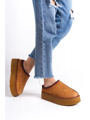 Kadın İçi Tüylü Süet Yarım Bot Rahat Ev Terliği Kalın Taban