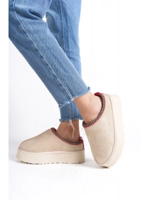 Kadın İçi Tüylü Süet Yarım Bot Rahat Ev Terliği Kalın Taban