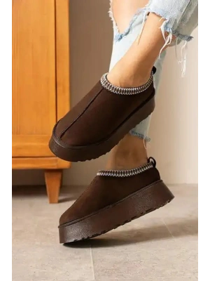 Kadın İçi Tüylü Süet Yarım Bot Rahat Ev Terliği Kalın Taban
