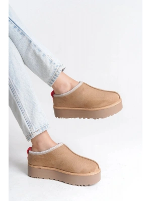 Kadın İçi Tüylü Süet Yarım Bot Rahat Ev Terliği Kalın Taban