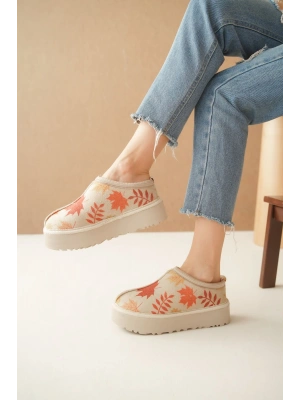 Ev Terliği Botu İçi Tüylü Su Geçirmez Rahat Kalın Taban Yaprak Desenli