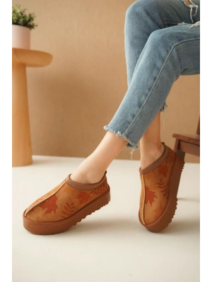 Ev Terliği Botu İçi Tüylü Su Geçirmez Rahat Kalın Taban Yaprak Desenli