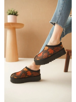 Ev Terliği Botu İçi Tüylü Su Geçirmez Rahat Kalın Taban Yaprak Desenli