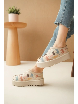 Ev Terliği Botu İçi Tüylü Su Geçirmez Rahat Kalın Taban Kedi Desenli