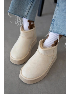 Andra Krem Kadın Kalın Taban Süet İçi Kürklü Rahat Günlük Bot