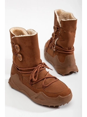 Kinga Kalın Taban Düğme Detaylı İçi Kürklü Bağcıklı Kadın Bot