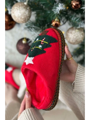 Noel Ağacı Nakışlı Yılbaşı Hediyelik Panduf Ev Terliği