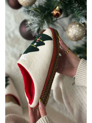 Noel Ağacı Nakışlı Yılbaşı Hediyelik Panduf Ev Terliği