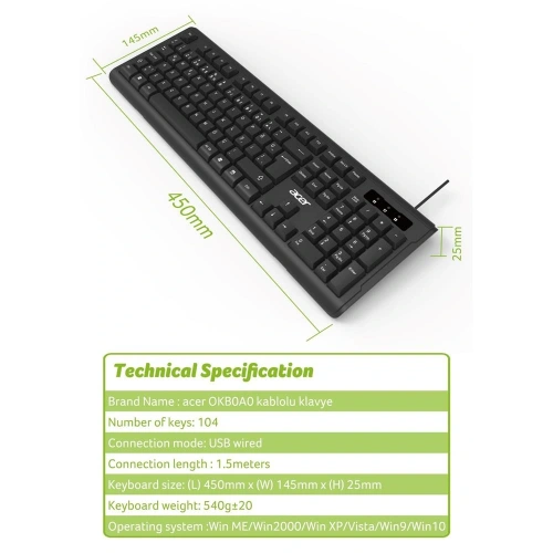 Acer Oak-0a0  Siyah Kablolu Sessiz Tuşlu  Klavye (caps Lock) (kablo Uzunluğu 1.50cm) Caps Lock