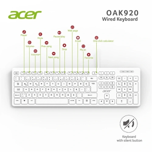 Acer Oak920 Q Usb Beyaz 1.8mt Kablolu Klavye-tek Tuş Hesap Makinalı (sessiz Tuş)