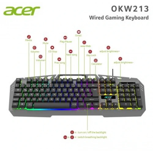 Acer Okw213 Gri Rgb Rainbow Backlit Gaming Keyboard Rainbow (kablo Uzunluğu 1,5mt)