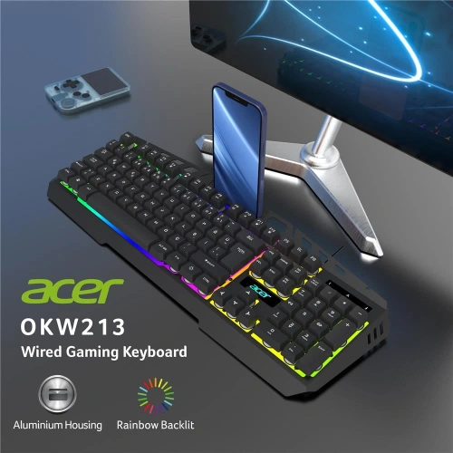 Acer Okw213 Siyah Rgb Rainbow Backlit Gaming Keyboard Rainbow (kablo Uzunluğu 1,5mt)