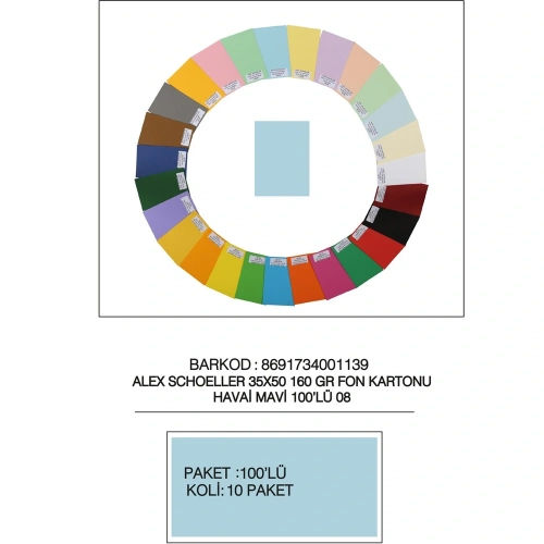 Alex Schoeller Fon Kartonu 160 Gr 35x50 08 Havai Mavi