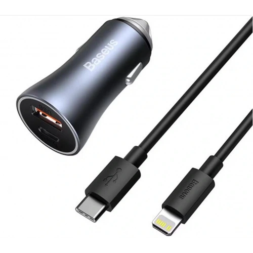 BASEUS Golden Connector Pro U+C 40W Type-C to Lightning Kablo Setli Araç İçi Şarj Cihazı Koyu Gri