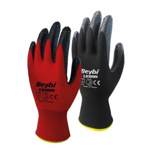 Beybi Nitril Poly Pnzebra 9 Beden Kırmızı Siyah  Eldiven 12li Paket En388 (3131x)