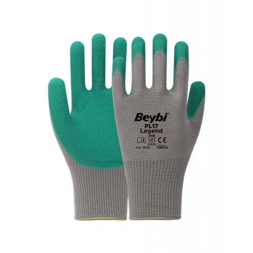 BEYBİ PL17 9 Beden Gri-Yeşil 12li Paket Legend Polyester Örme Lateks Eldiven