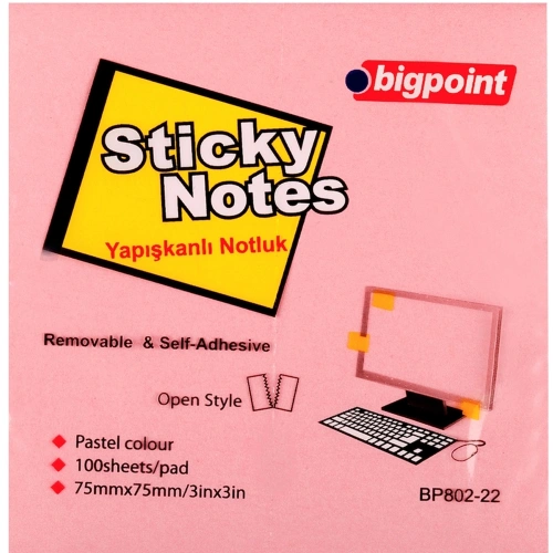 Bigpoint Yapışkanlı Not Kağıdı 75x75 Pembe Bp802-22