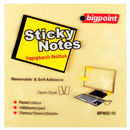 Bigpoint Yapışkanlı Not Kağıdı 75x75 Sarı Bp802-15